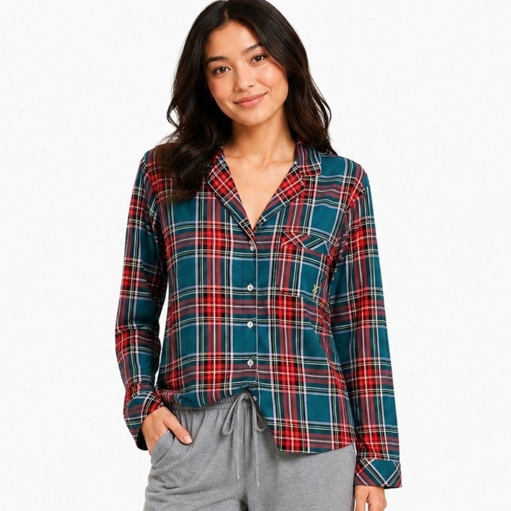 Victoria's Secret Pajama Top Women‎ XS Green Red New Plaid Metallic Button Front